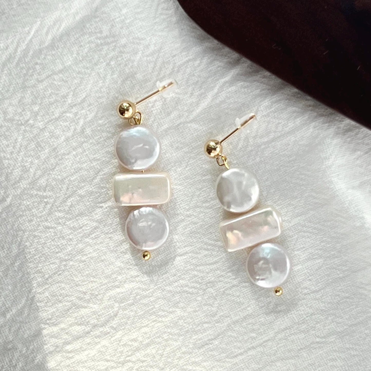 14K gold baroque freshwater pearl drop earrings with coin rectangle design, elegant bridal jewelry