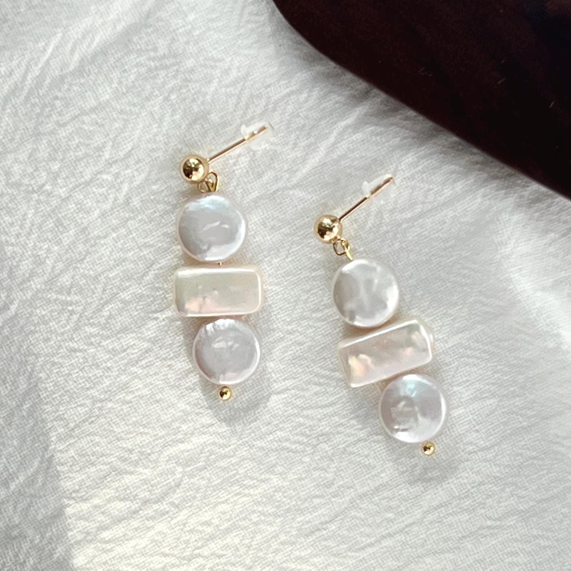 14K gold baroque freshwater pearl drop earrings with coin rectangle design, elegant bridal jewelry