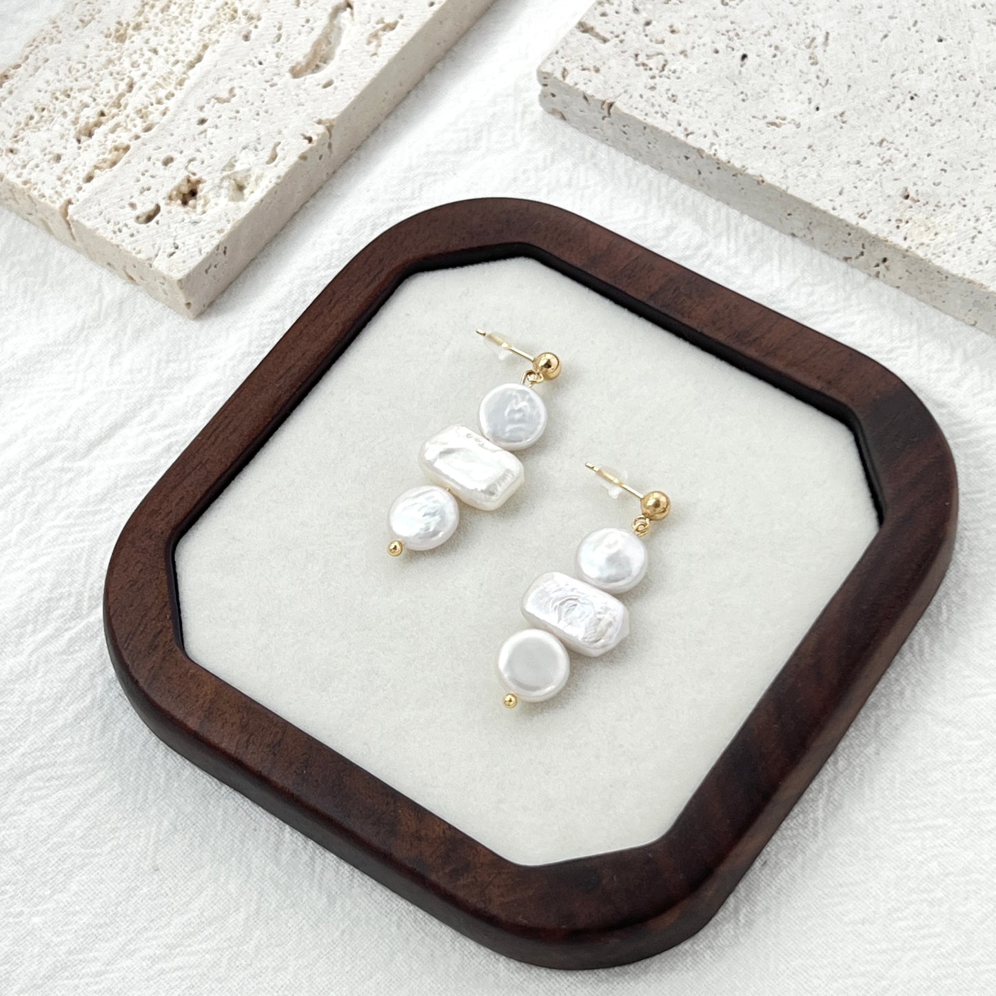 14K gold baroque pearl coin rectangle earrings displayed in a gift box, ideal for birthday gift
