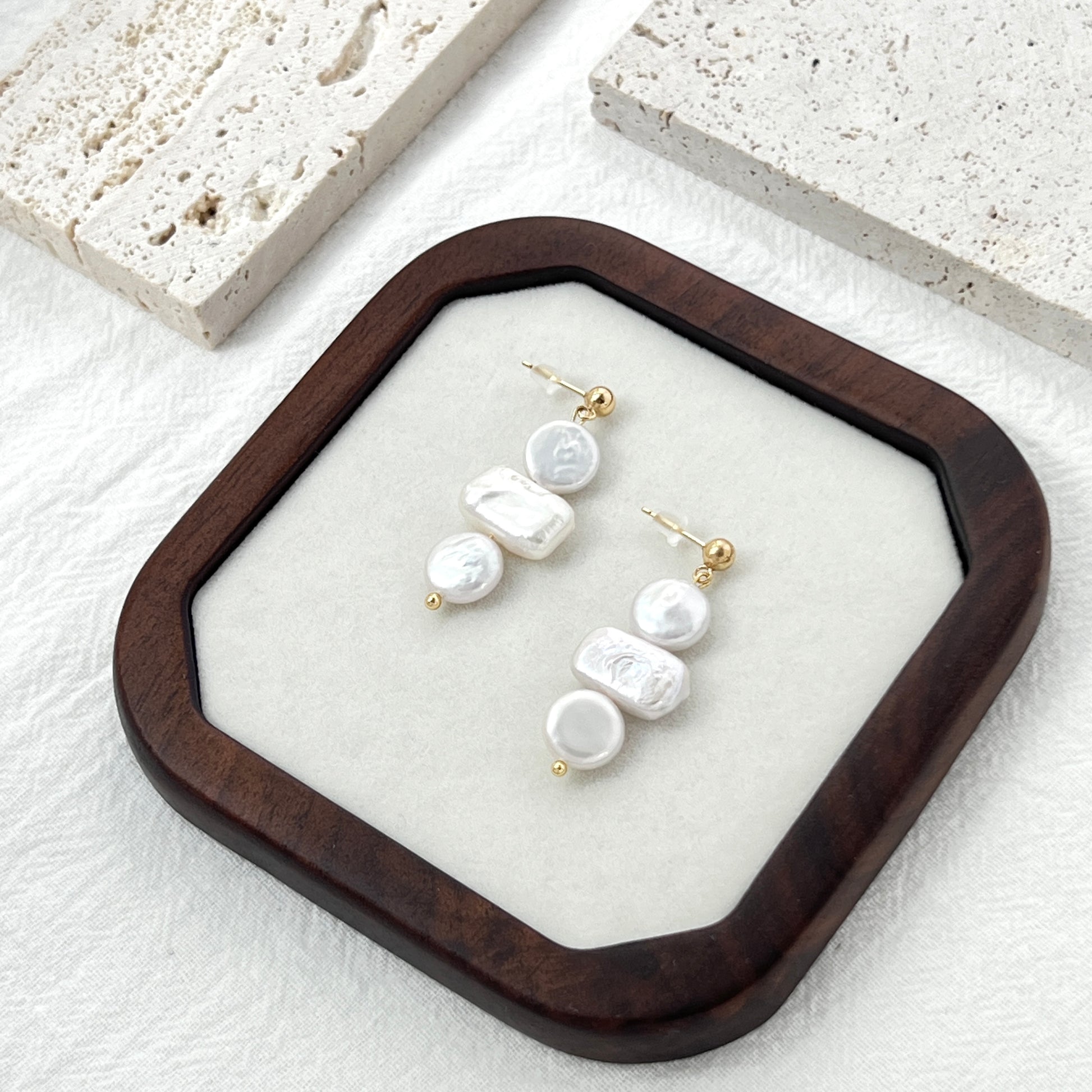 14K gold baroque pearl coin rectangle earrings displayed in a gift box, ideal for birthday gift