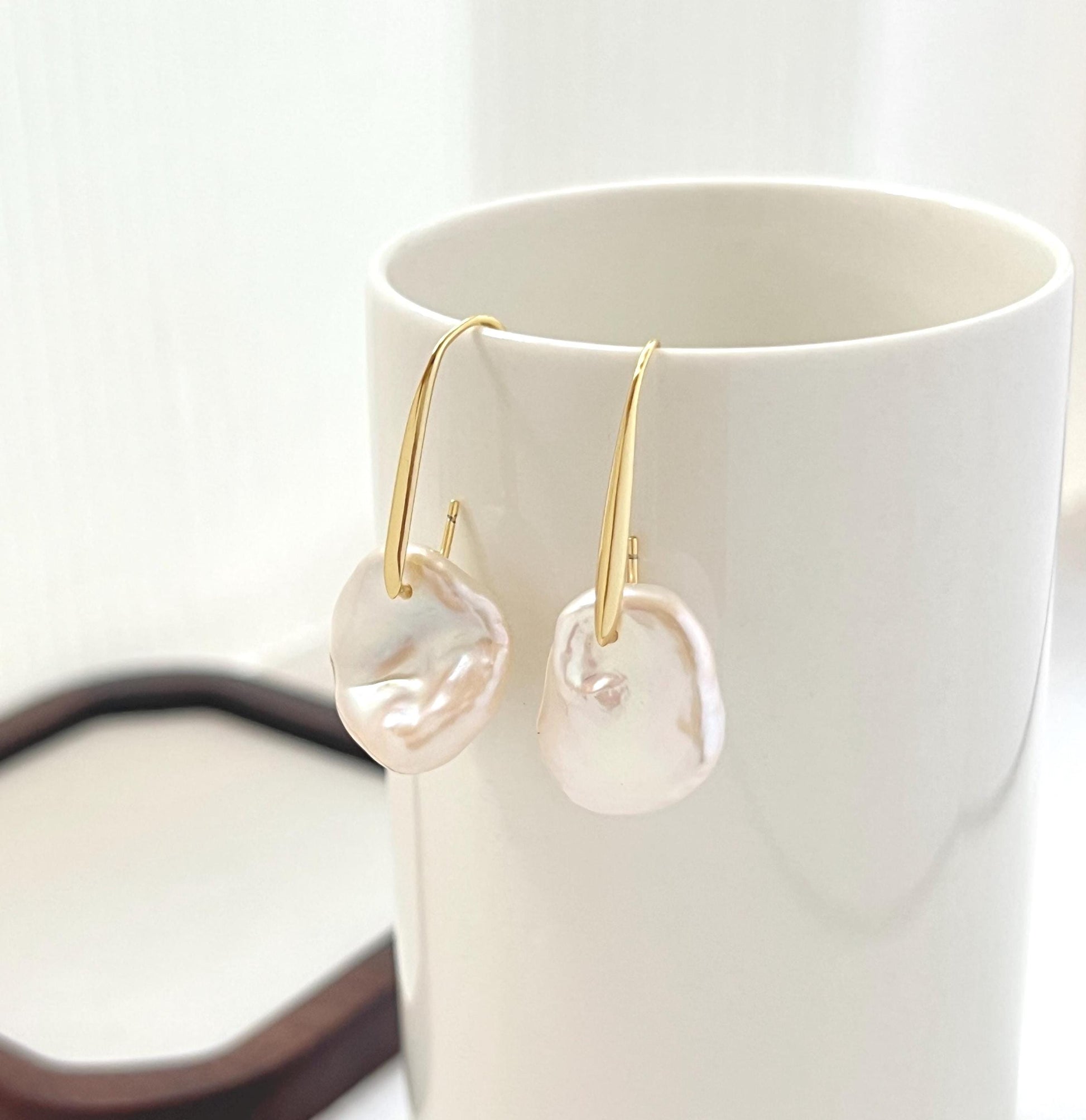 18K gold baroque freshwater pearl hoop petal earrings front view