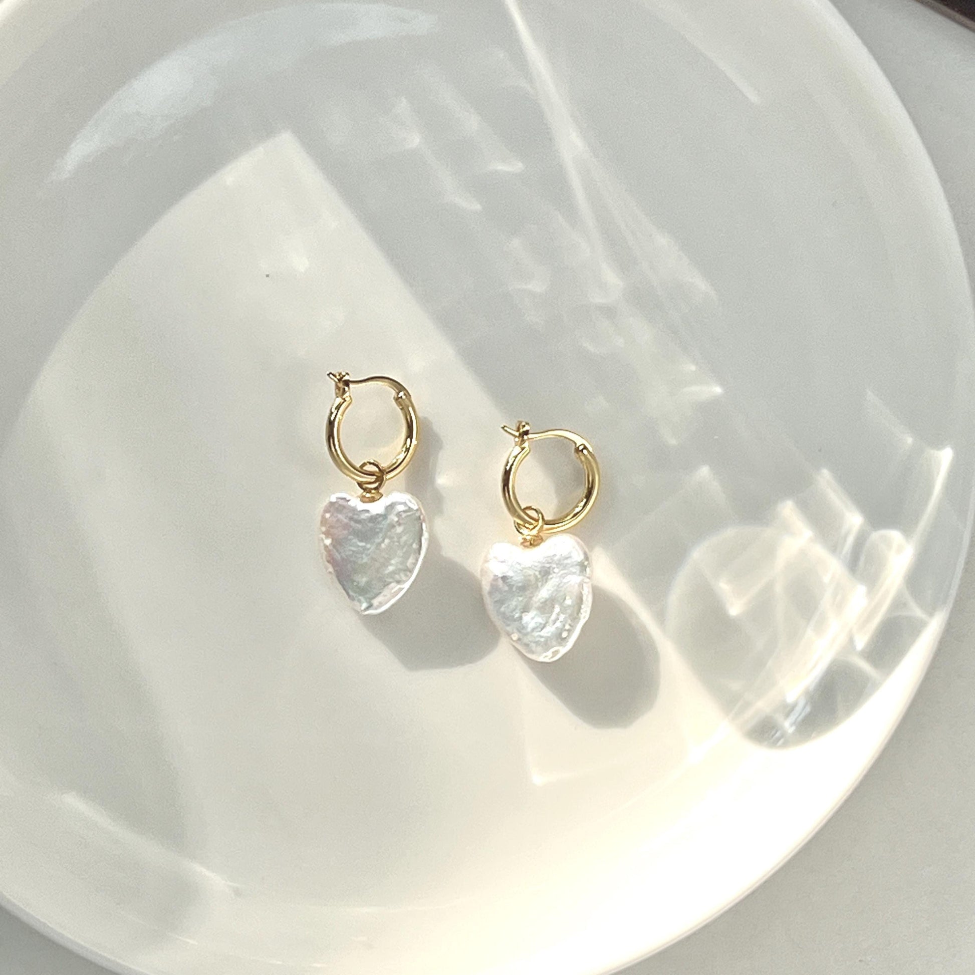 18K gold baroque heart pearl drop earrings front view