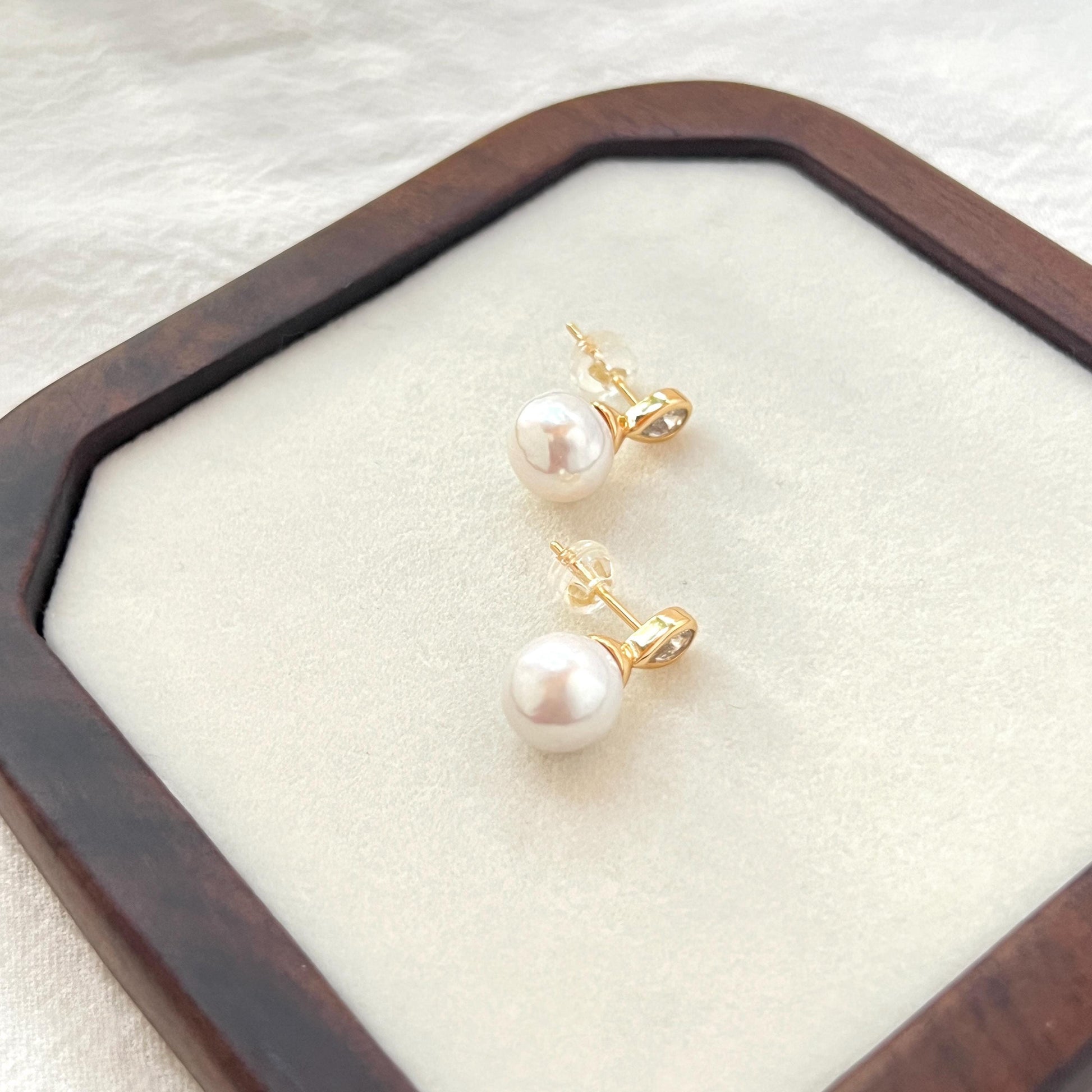 18K gold baroque pearl & crystal stud earrings shown from multiple angles, minimalist and elegant design