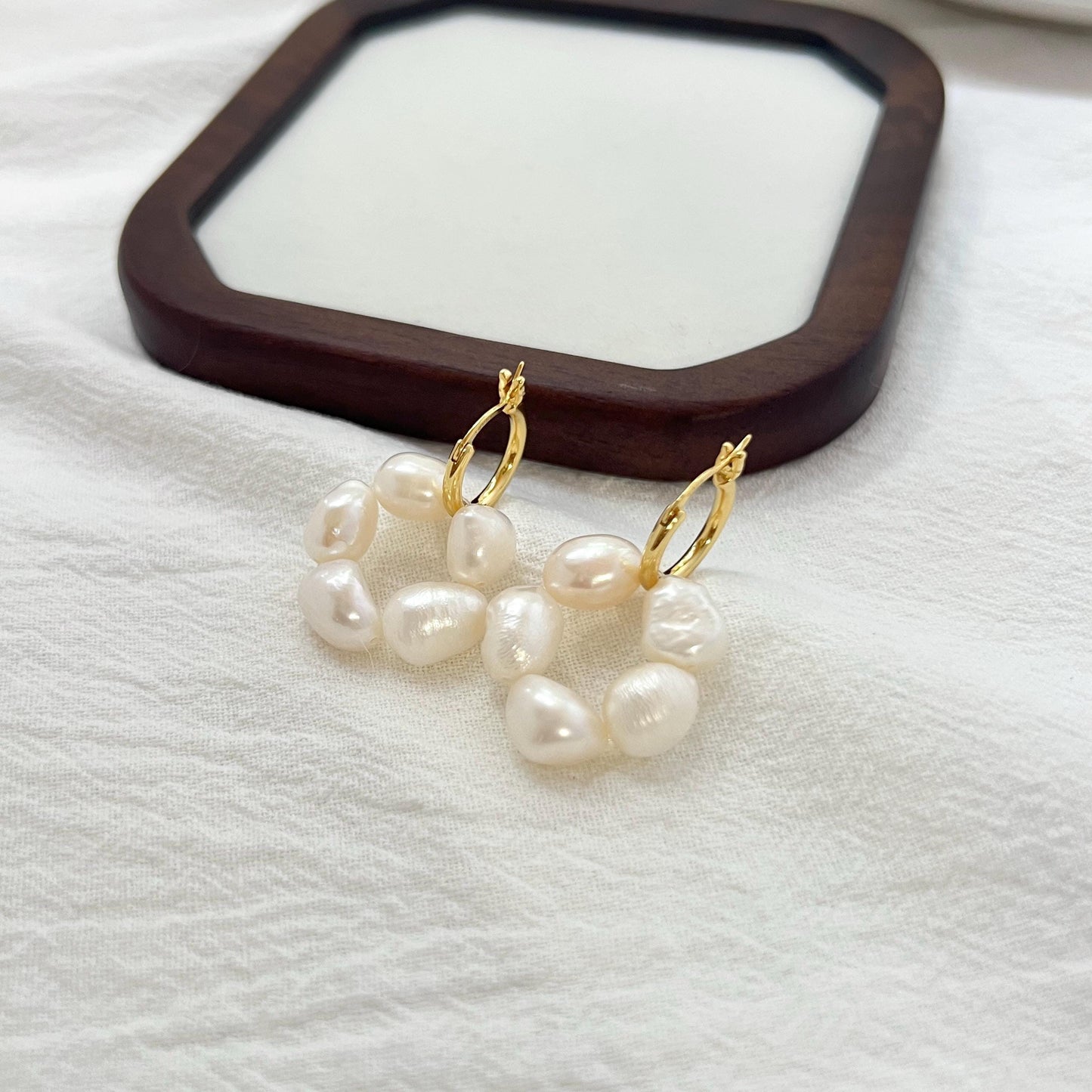 18K gold baroque pearl flower drop earrings shown from multiple angles, minimalist and elegant design