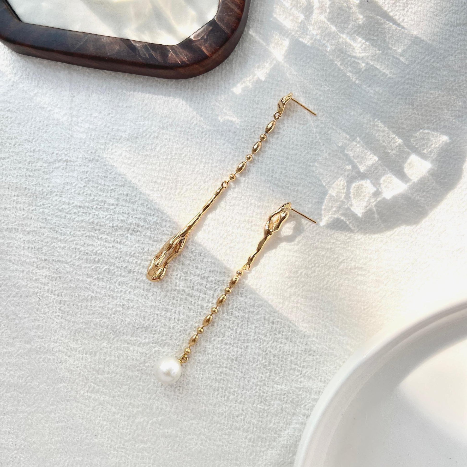 Asymmetrical extra long pearl earrings in elegant gift box, ideal bridesmaid gift