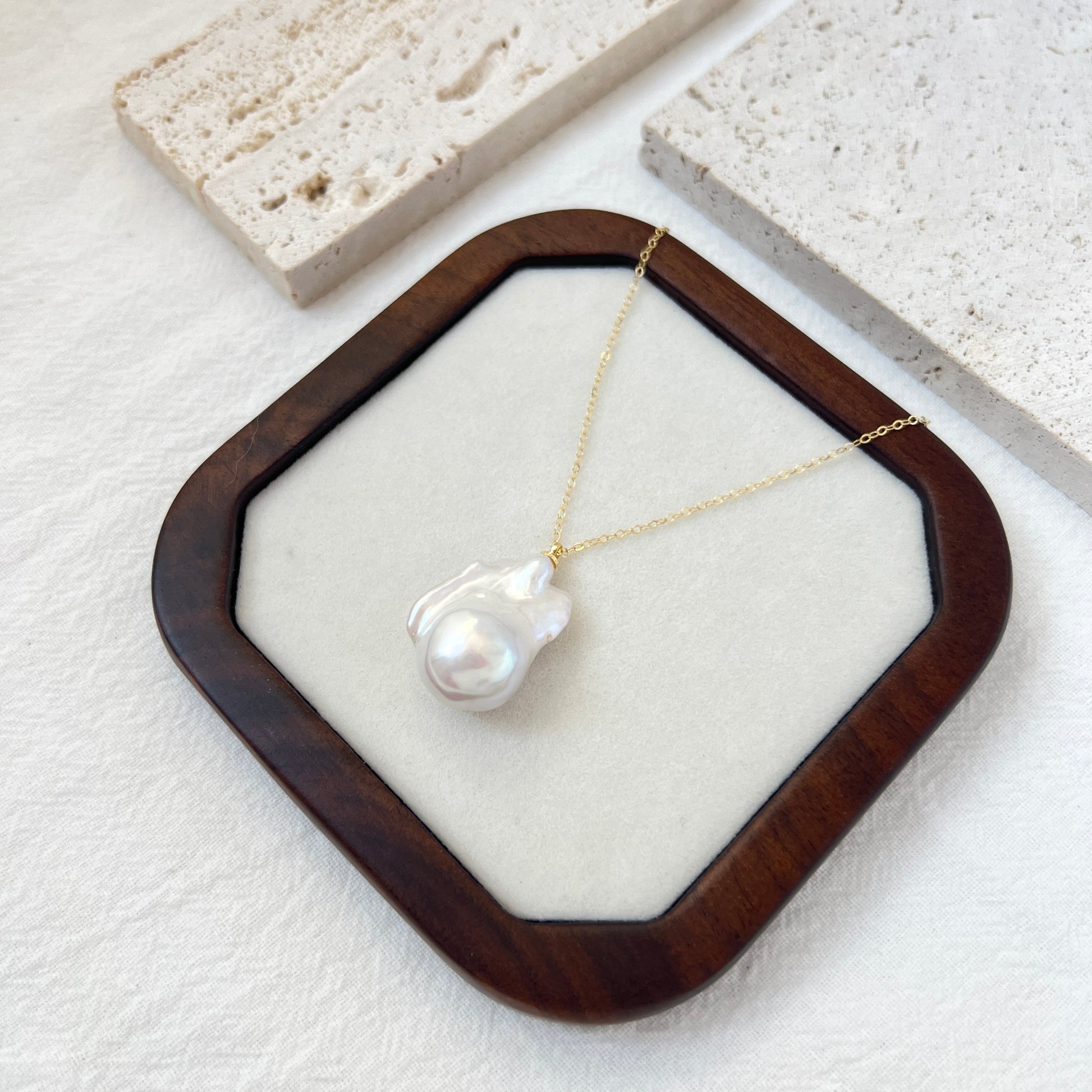 14K gold-filled necklace with large baroque pearl presented in gift box