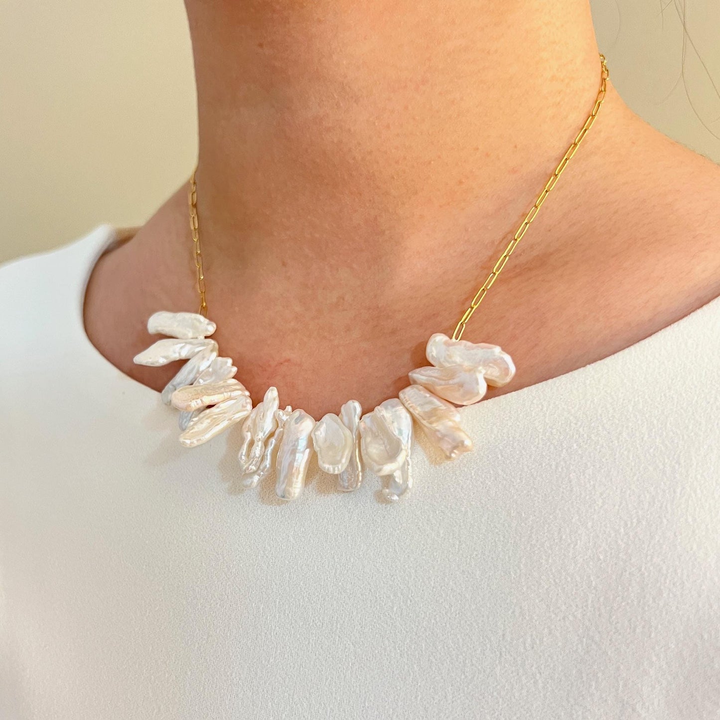 Baroque Stick Pearl Necklace, Dainty Gold Chain Pearl Necklace, Irregular Freshwater Pearl Jewelry, Minimalist Bridal Necklace