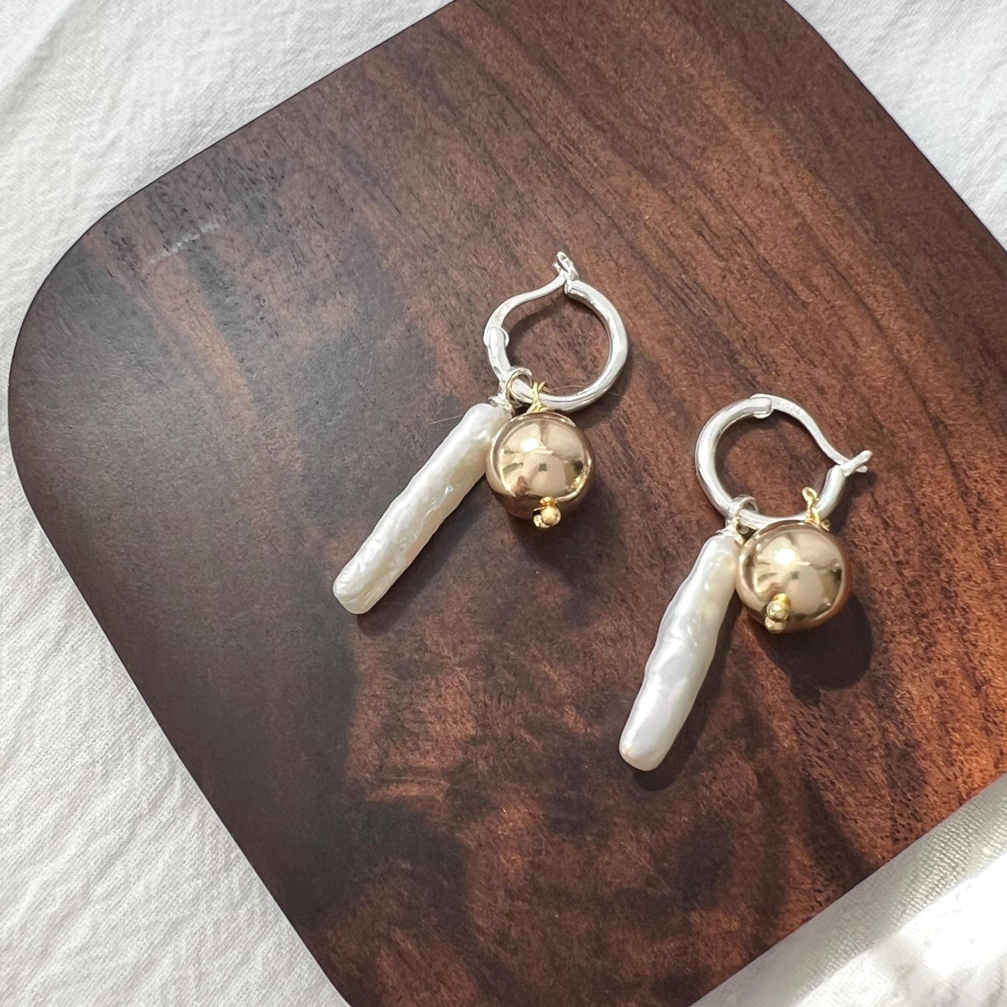 14K gold-filled baroque pearl drop earrings shown from multiple angles, minimalist and elegant design