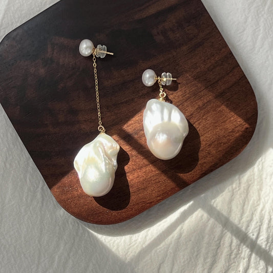 Large Baroque Freshwater Pearl Mismatched Drop Earrings