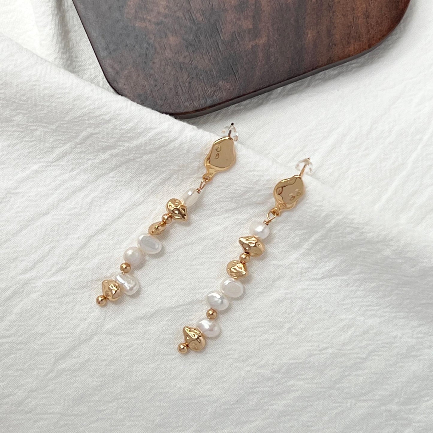 Golden Beads Baroque Pearl Long Drop Statement Earrings
