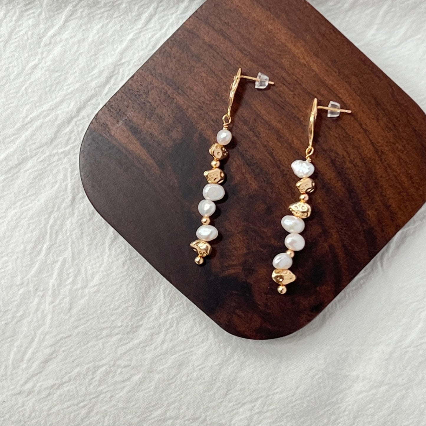 Golden Beads Baroque Pearl Long Drop Statement Earrings