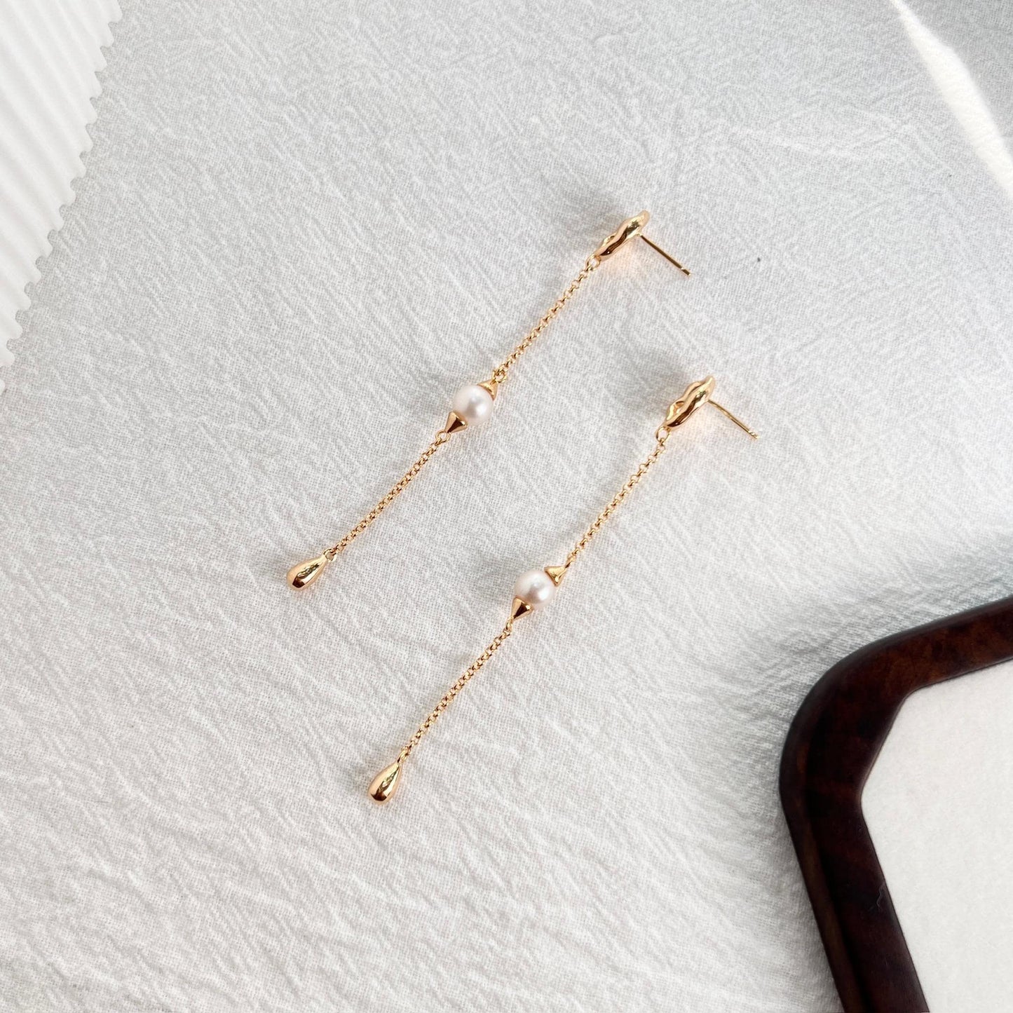 Gold Long Linear Pearl Earrings