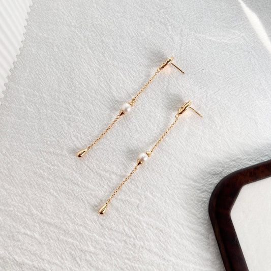 18K Gold Extra Long Linear Natural Pearl Earrings,Dainty Drop Chain Earrings,Minimalist Wedding Bridal Long Line Earrings,Bridesmaid Gifts