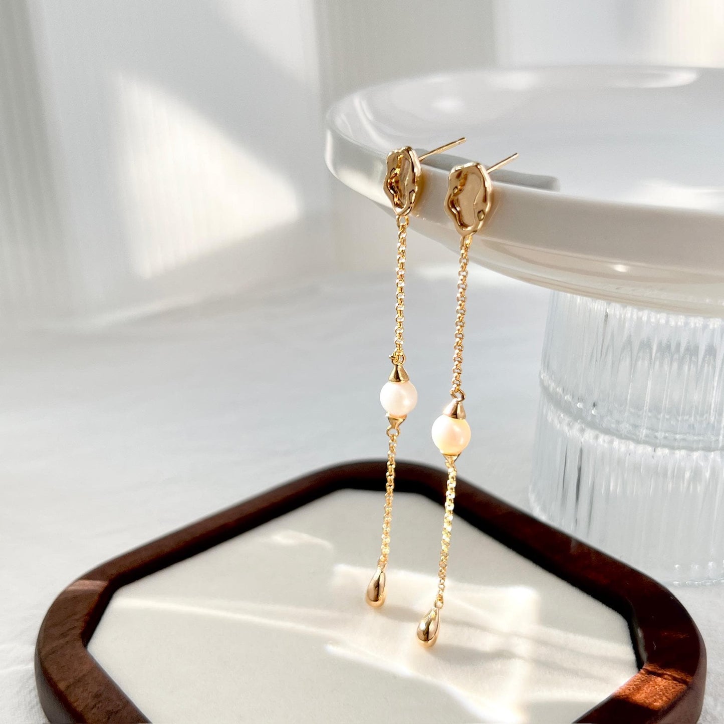 Gold Long Linear Pearl Earrings