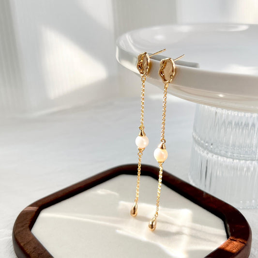 18K Gold Extra Long Linear Natural Pearl Earrings,Dainty Drop Chain Earrings,Minimalist Wedding Bridal Long Line Earrings,Bridesmaid Gifts