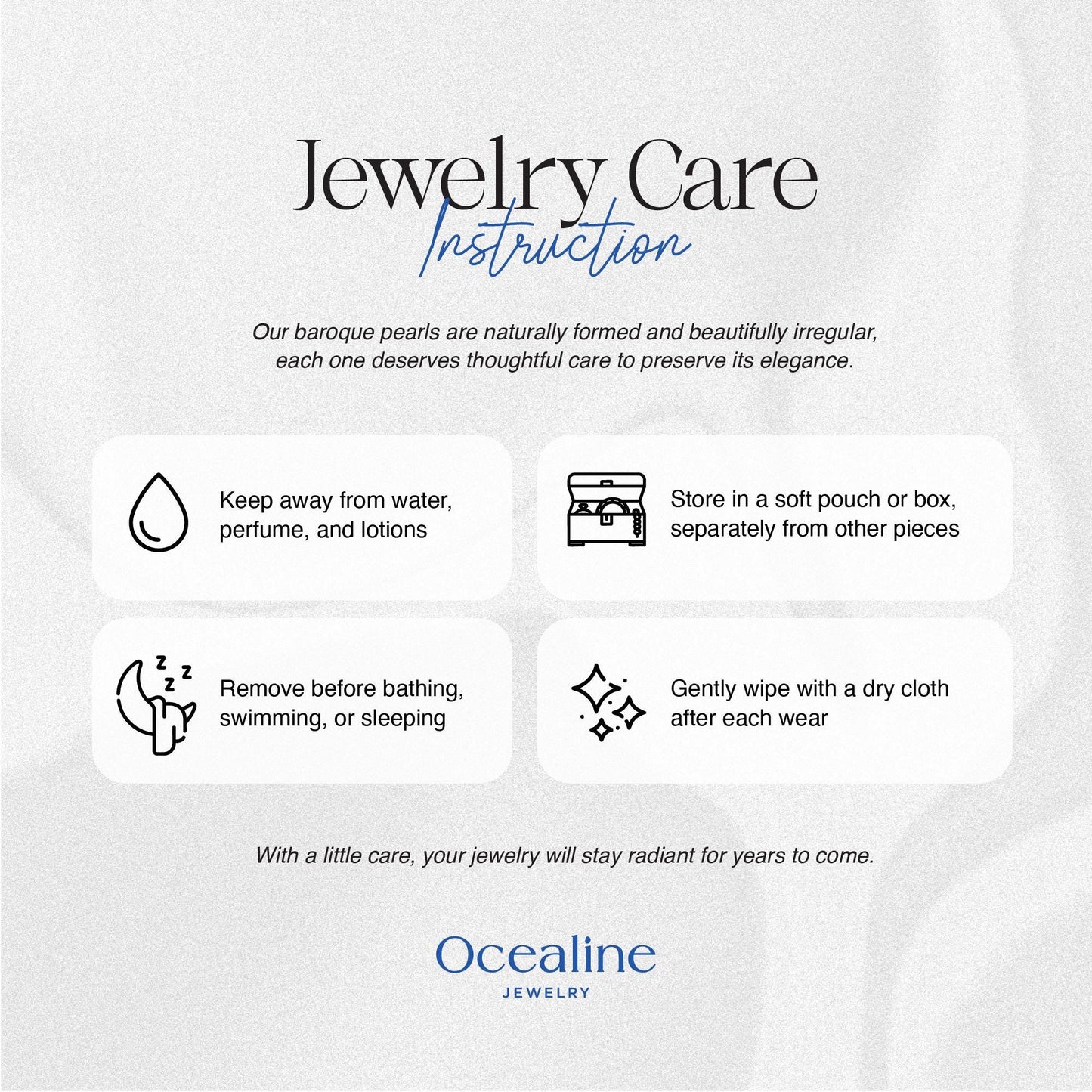 Jewelry care instructions for baroque pearls by Ocealine Jewelry on a white background.