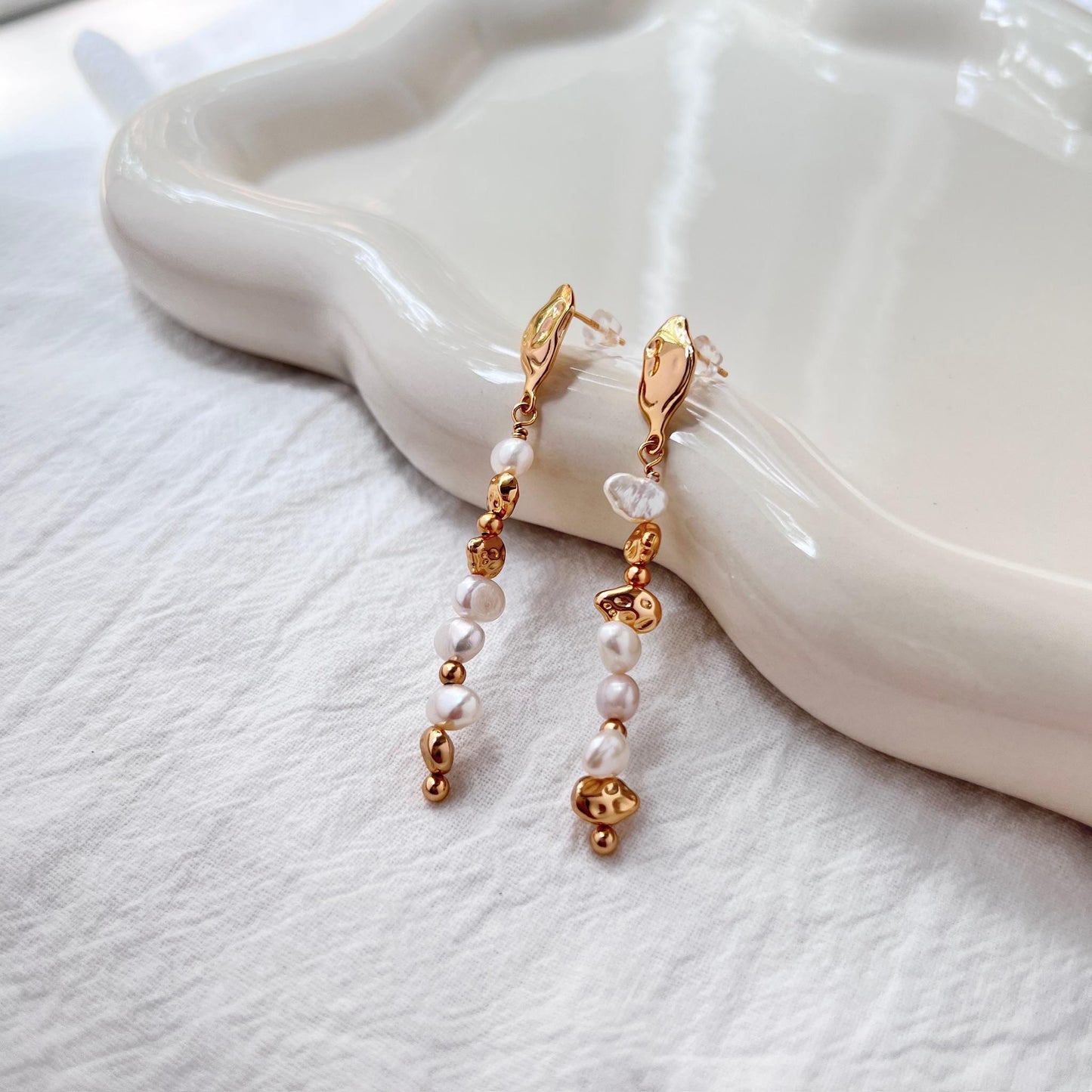 Golden Beads Baroque Pearl Long Drop Statement Earrings