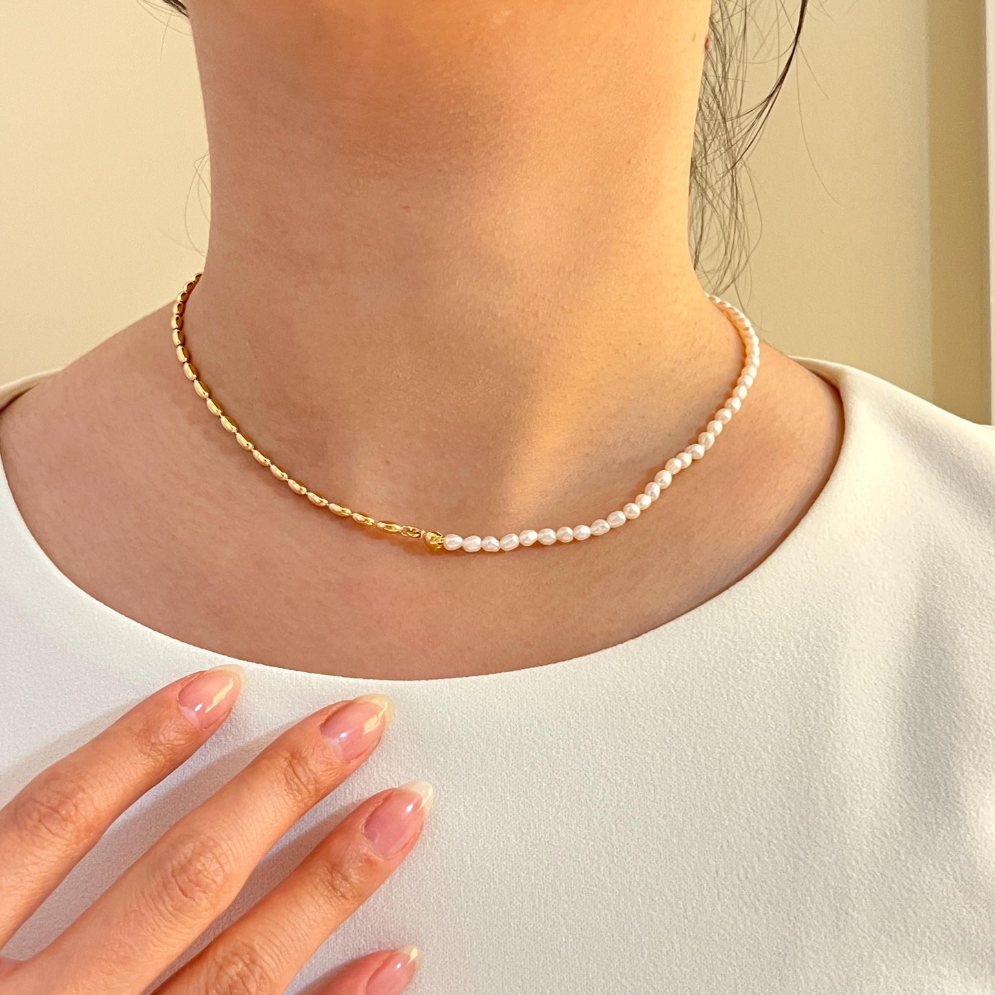 Dainty Baroque Pearl And Golden Beads Two Tone Choker Necklace