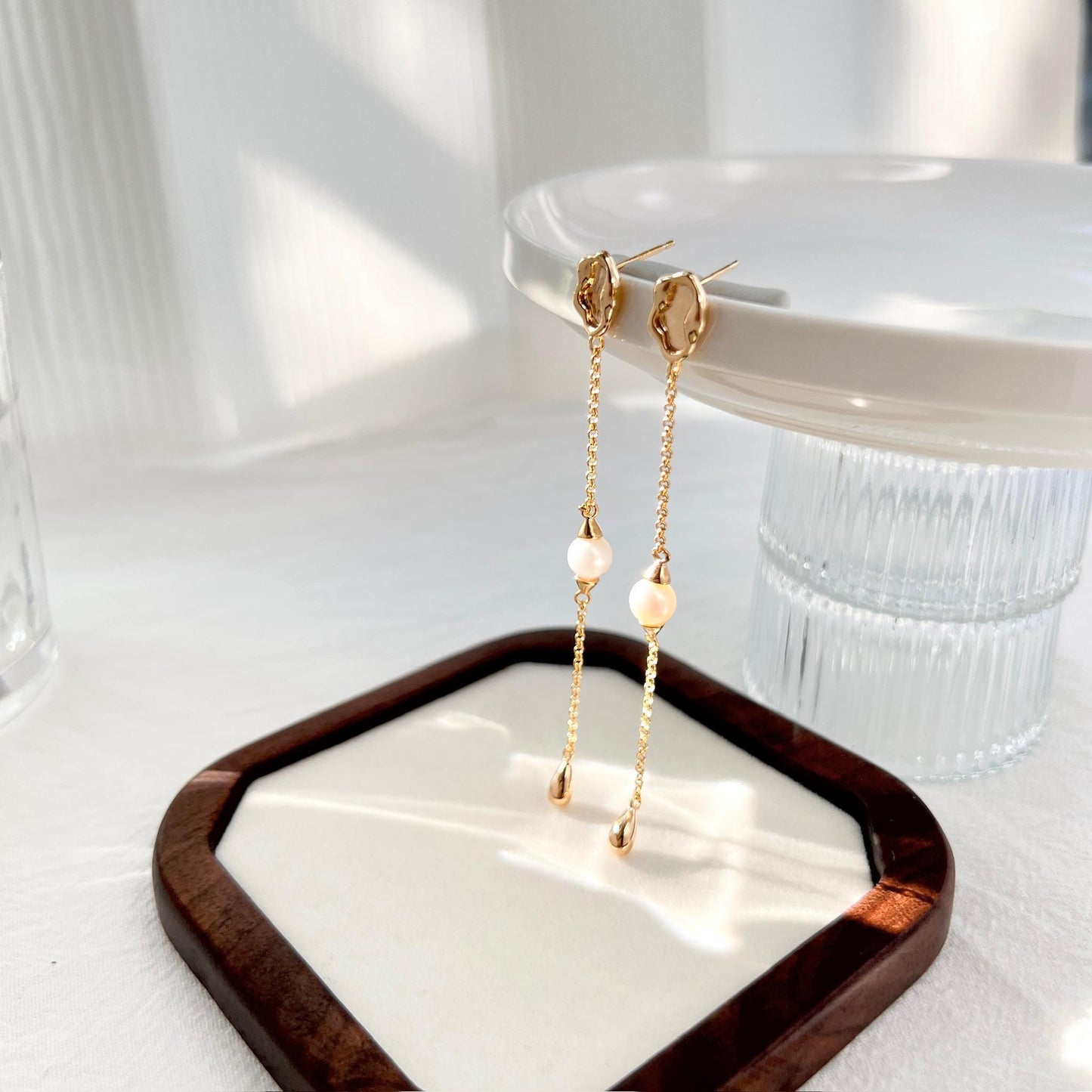 Gold Long Linear Pearl Earrings