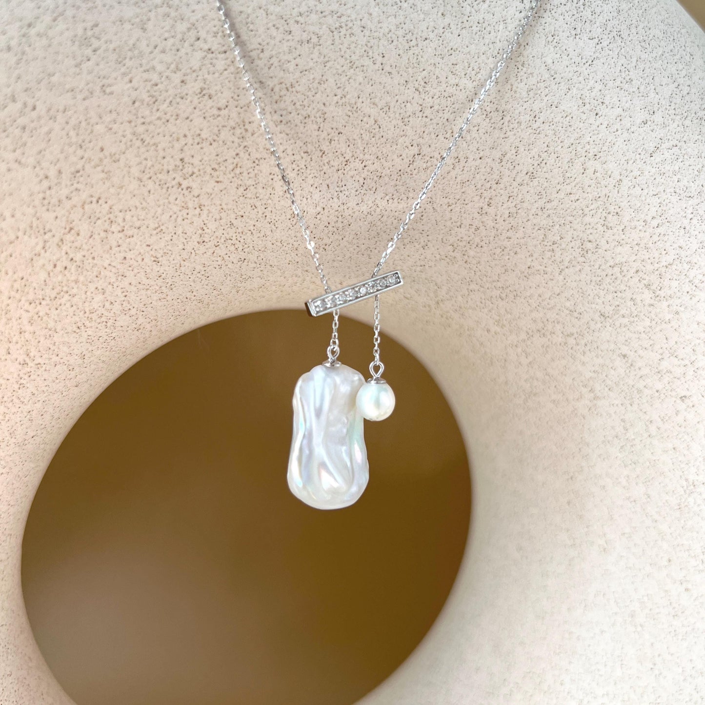 Silver Two Baroque Pearl Pendants Balance Necklace
