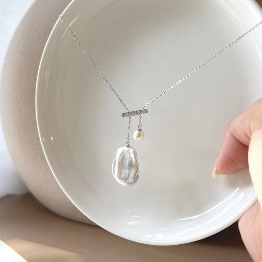 Silver Two Baroque Pearl Pendants Balance Necklace