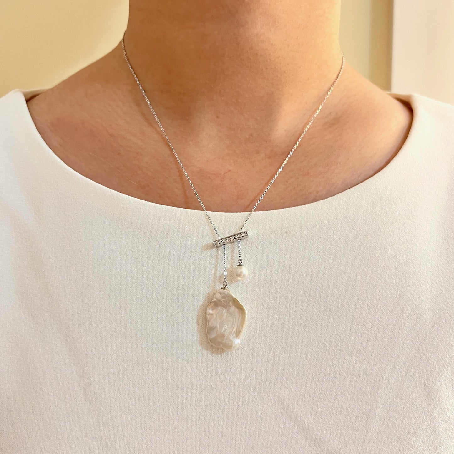 Silver Two Baroque Pearl Pendants Balance Necklace
