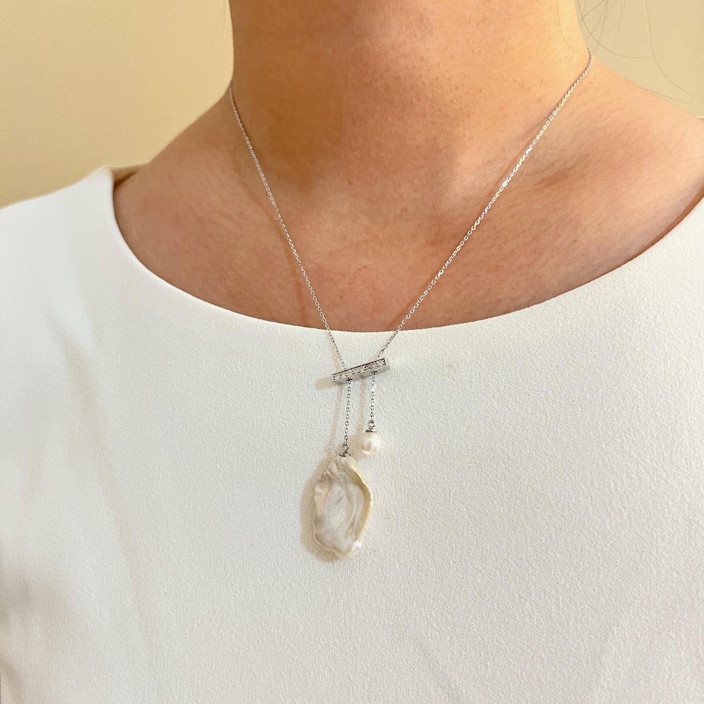 Silver Two Baroque Pearl Pendants Balance Necklace