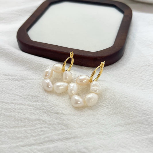 Freshwater Pearl Flower Hoop Earrings,Dainty Baroque Pearl Bead Huggie Earrings,Minimalist Drop Dangle Earrings,Wedding Jewelry,Gift For Her
