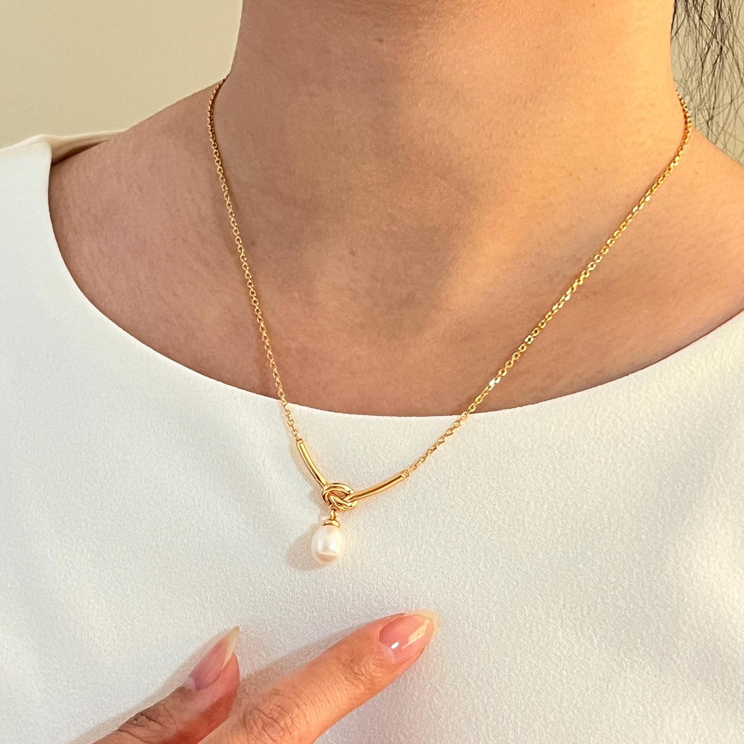 Gold Rope Knot Tiny Pearl Dangle Necklace