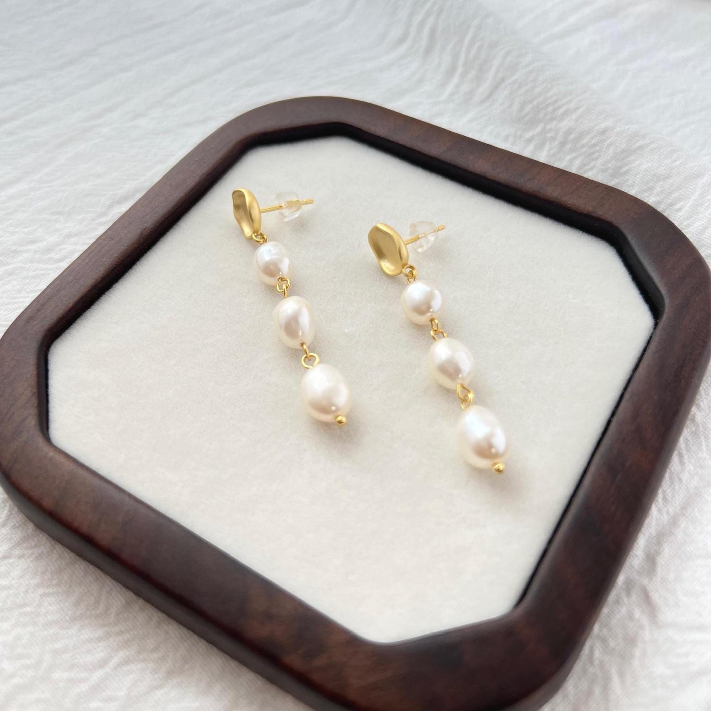 Matte Gold Dainty Pearl Dangle Earrings