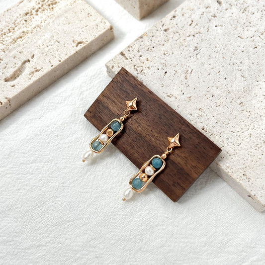 18K Gold Star Freshwater Pearl Gemstone Dangling Earrings,Dainty Blue Stone Drop Earrings,Minimalist Earrings Dangle,Birthday Gifts For Her