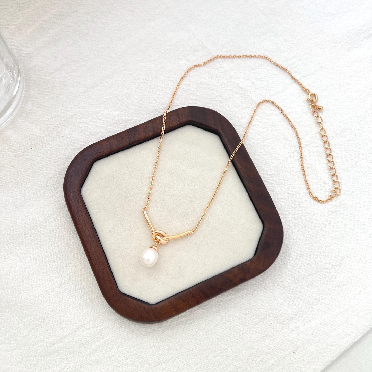Gold Rope Knot Tiny Pearl Dangle Necklace