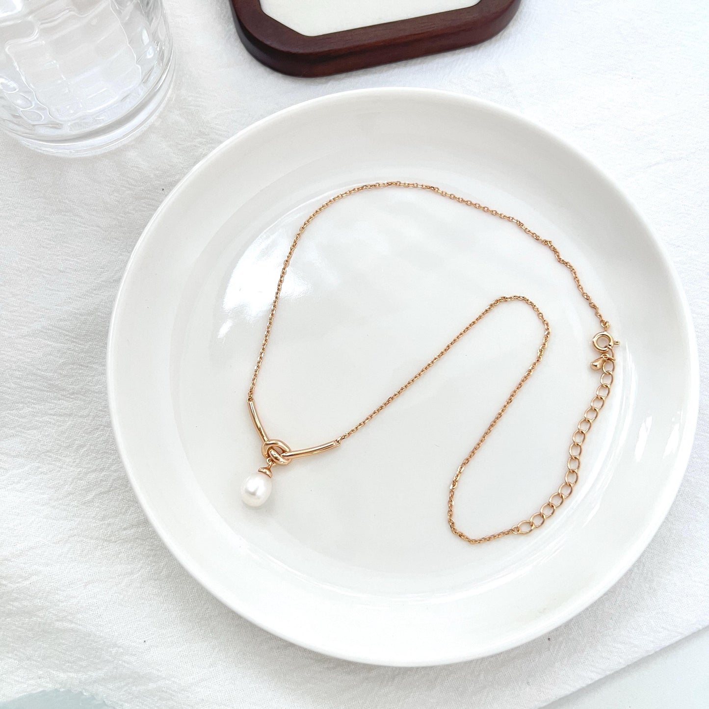 Gold Rope Knot Tiny Pearl Dangle Necklace