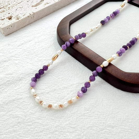 18K Gold Natural Freshwater Pearl Amethyst Necklace,Dainty Beaded Spiritual Jewelry,Healing Crystal Energy Necklace,Birthday Gifts For Her