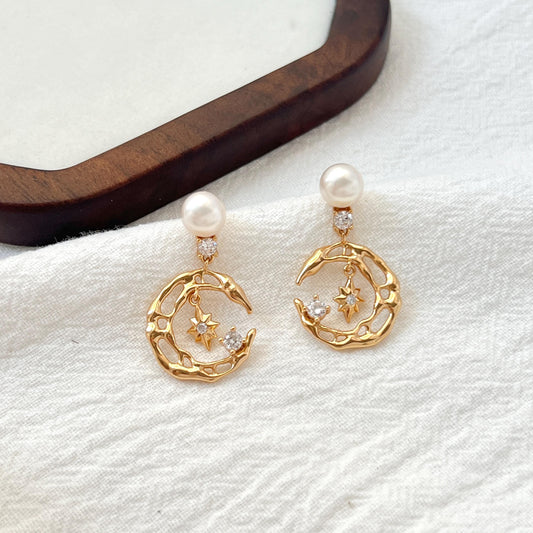 18K Gold Moon Star Celestial Pearl Dangle Earrings,Minimalist Dainty Everyday Drop Earrings,Wedding Jewelry,Christmas Birthday Gifts For Her