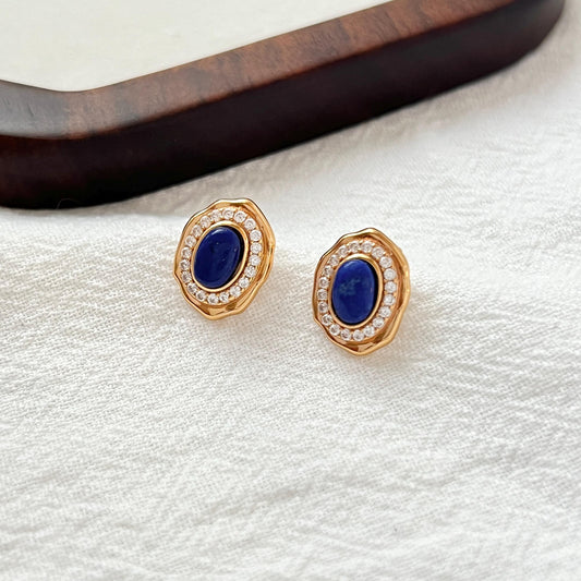 18K Vintage Gold Lapis Lazuli Tiny CZ Stud Earrings,Minimalist Oval Blue Gemstone Earrings Studs,Elegant Daily Jewelry,Birthday Gift For Her