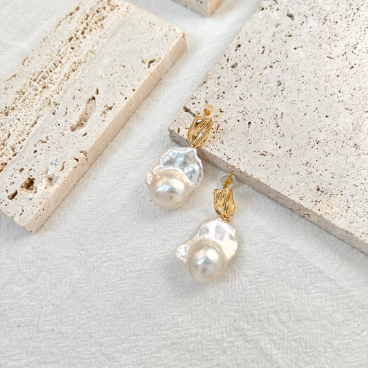 18K Gold Large Baroque Pearl Drop Earrings,Chunky High Luster Pearl Dangling Statement Earrings,Wedding Bridal Jewelry,Birthday Gift For Her