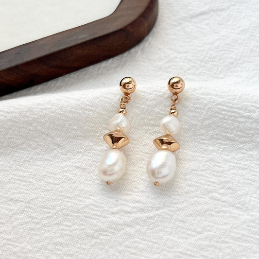 18K Vintage Gold Freshwater Baroque Pearl Dangling Earrings,Minimalist Dainty Pearl Drop Earrings,Wedding Jewelry,Birthday Gifts For Her