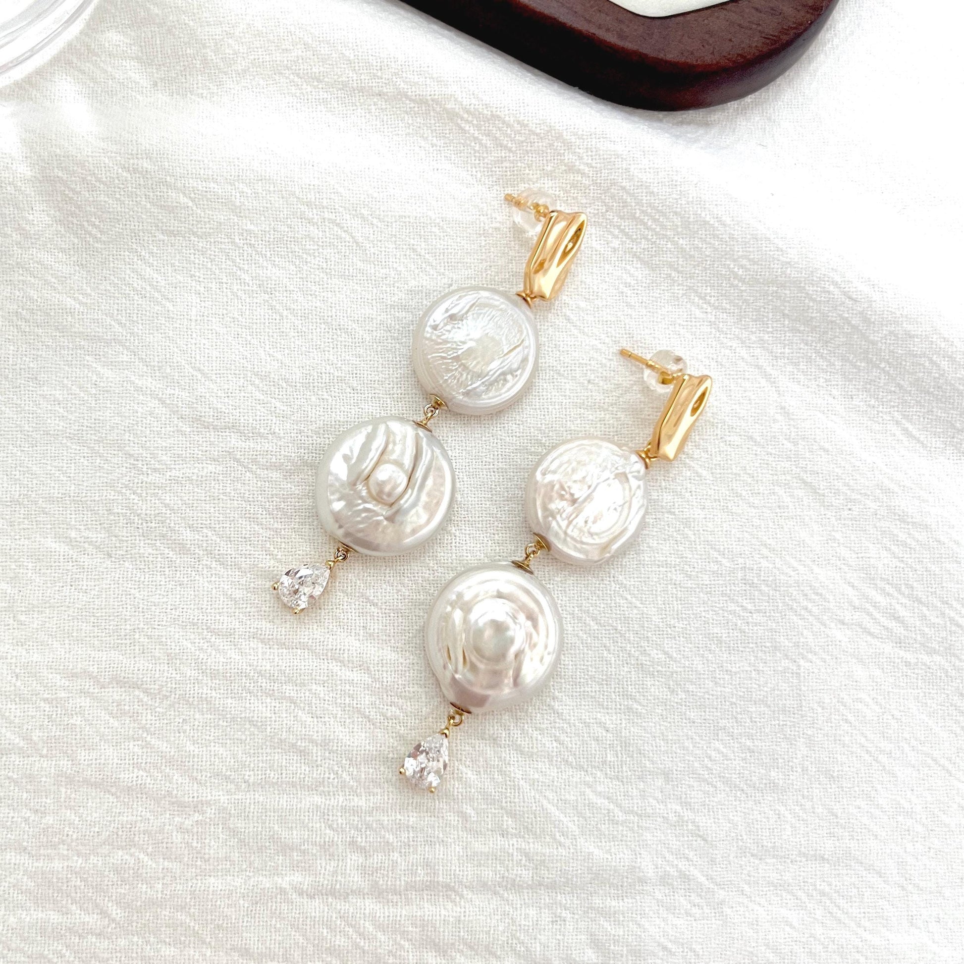 Rome Coin pearl drop dangle earrings with lustrous freshwater pearls, elegant minimalist jewelry for women