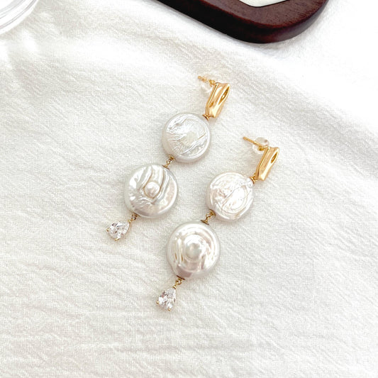 Rome Coin pearl drop dangle earrings with lustrous freshwater pearls, elegant minimalist jewelry for women