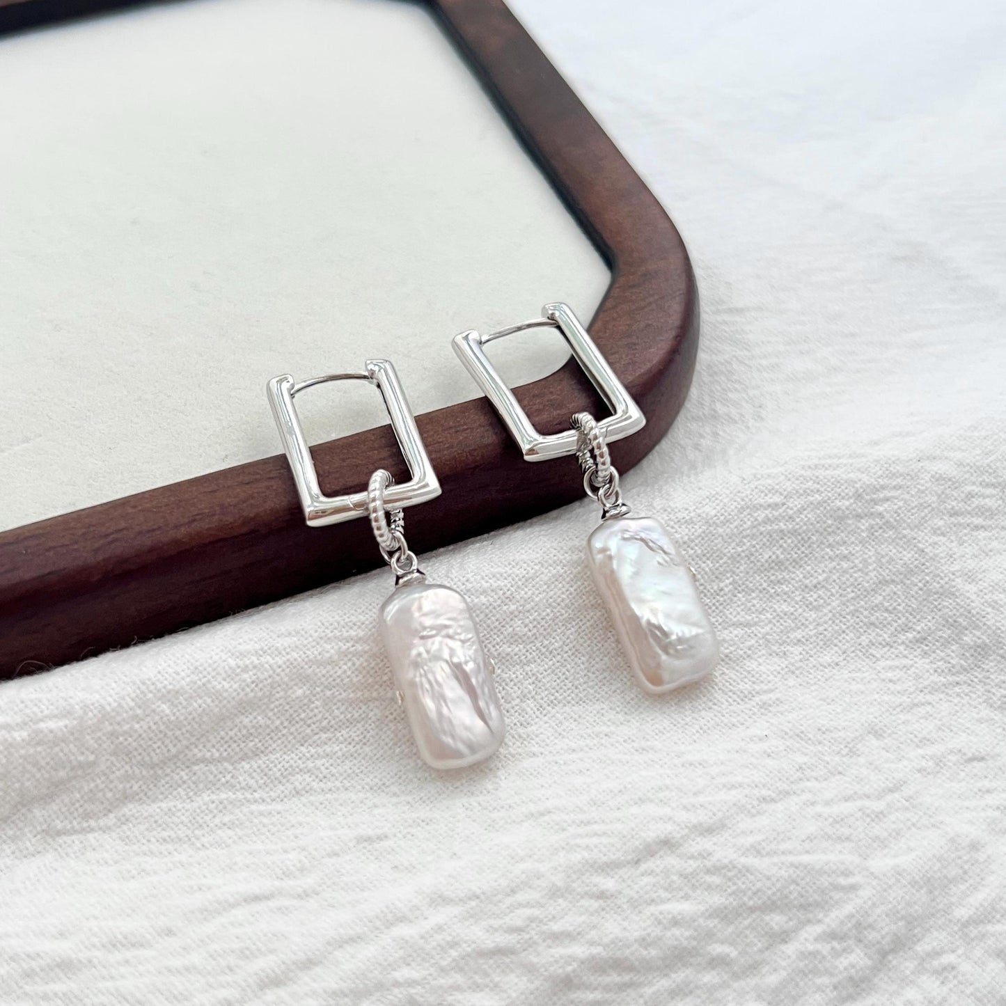 Silver rectangle baroque freshwater pearl dangle earrings, minimalist hoop drop style for women