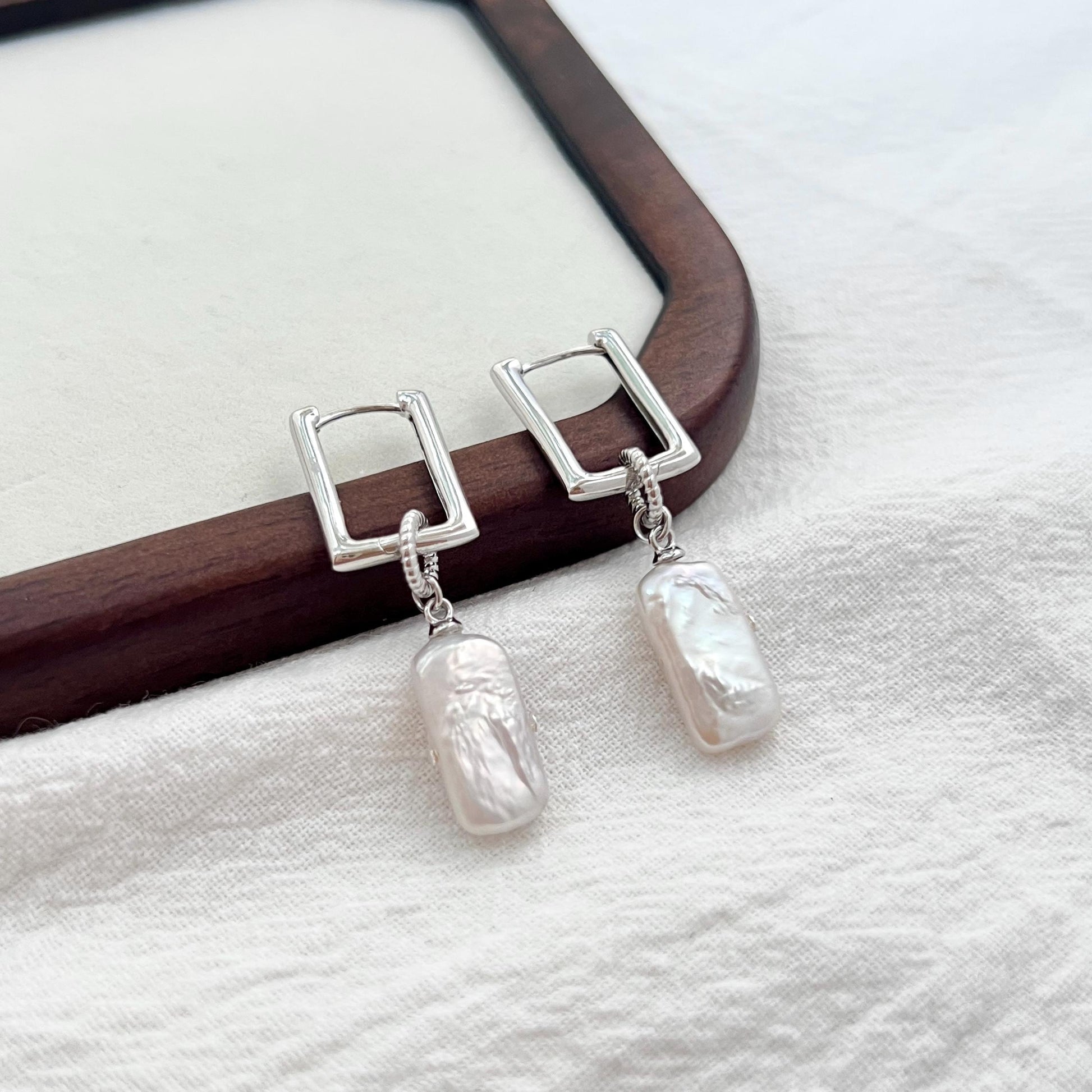Silver rectangle baroque freshwater pearl dangle earrings, minimalist hoop drop style for women