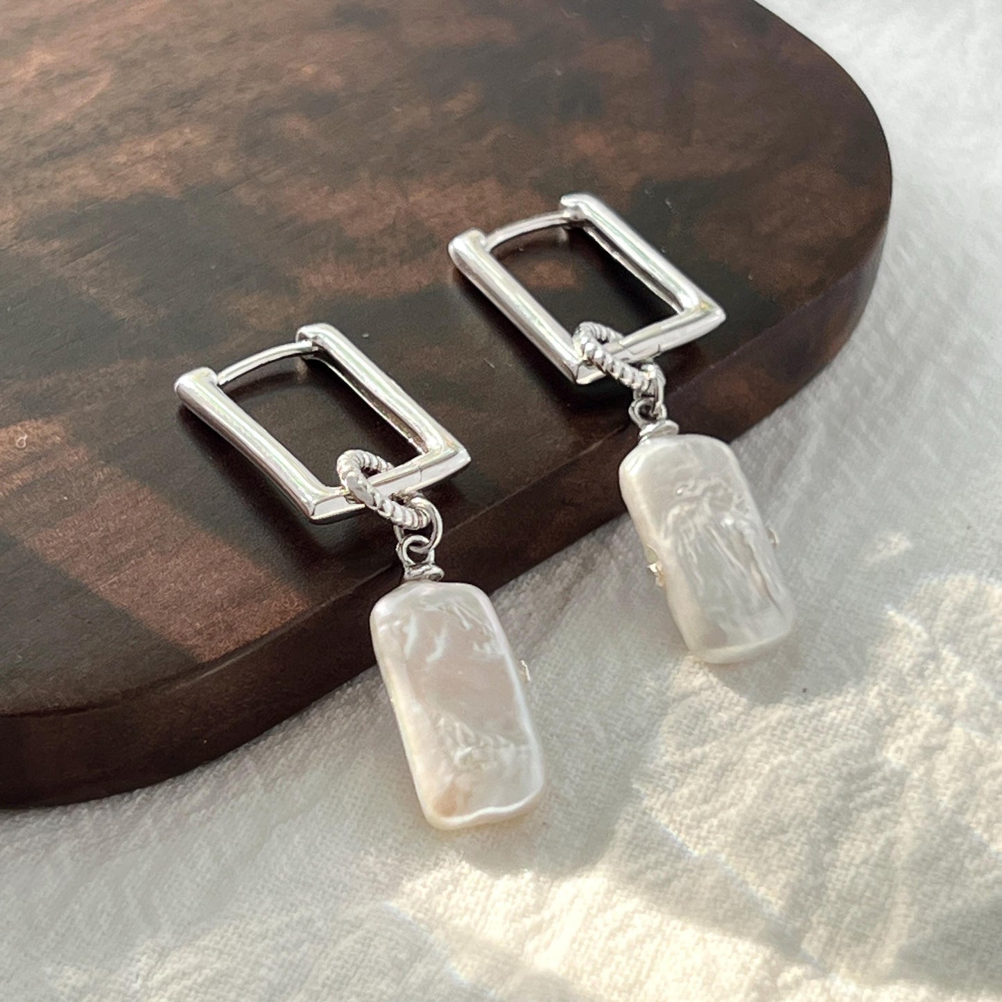 Silver rectangle baroque pearl dangle earrings in gift box, ideal birthday or bridesmaid gift for her