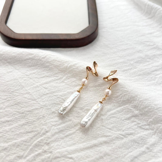 18K gold baroque pearl bar drop earrings, front view