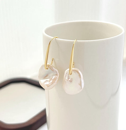 18K gold baroque freshwater pearl hoop petal earrings front view