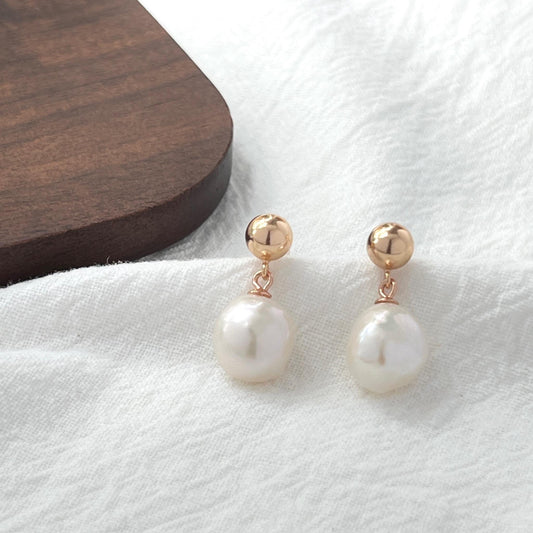 18K gold natural baroque pearl teardrop earrings front view