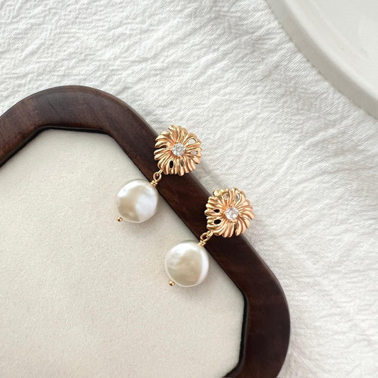 18K gold baroque pearl earrings with zircon accents, front view