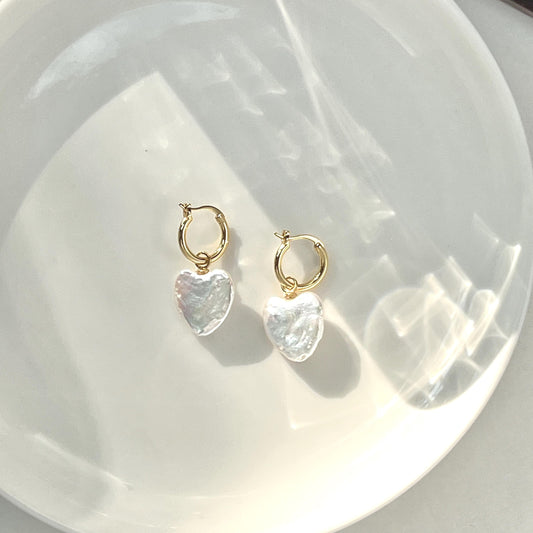 18K gold baroque heart pearl drop earrings front view
