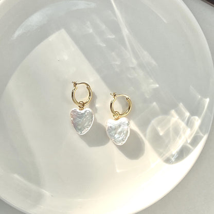 18K gold baroque heart pearl drop earrings front view