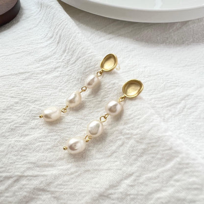 18K matte gold baroque freshwater pearl dangling earrings, front view